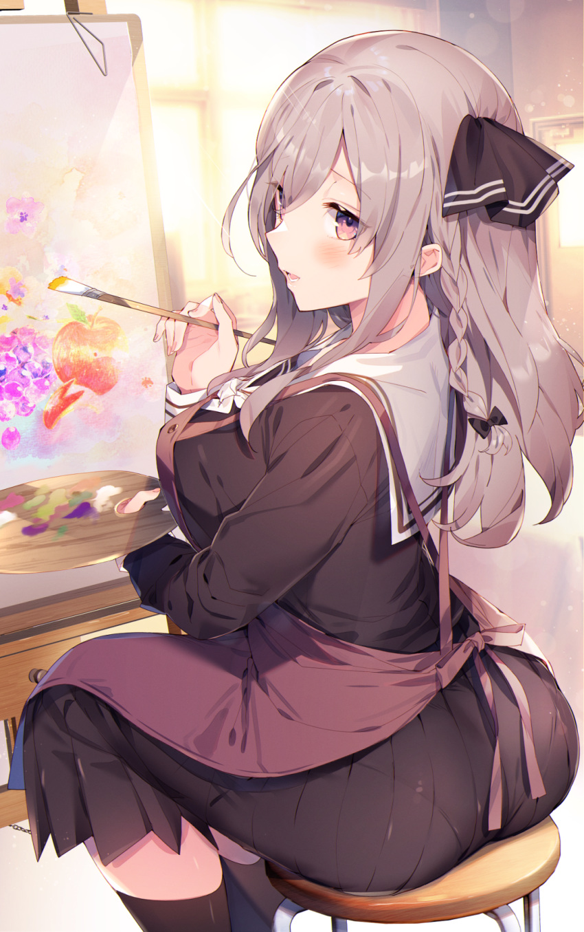 1girl apron art_brush ass black_serafuku blush braid breasts brown_hair canvas_(object) easel embarrassed feet_out_of_frame from_behind hair_between_eyes hair_over_shoulder hair_ribbon highres holding holding_brush kat_(bu-kunn) long_hair long_skirt looking_back original paintbrush painting painting_(object) palette pantylines ribbon school_uniform serafuku side_braid sitting skirt solo sunset