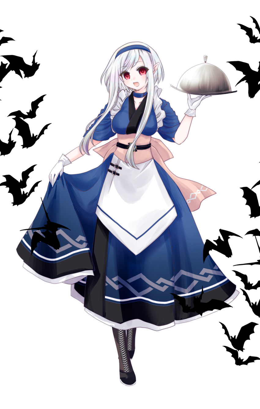 1girl :d bat black_footwear blue_dress blue_headband boots cross-laced_footwear dress fangs full_body gloves headband highres holding holding_tray looking_at_viewer open_mouth outdoors pixiv_fantasia pixiv_fantasia_last_saga pointy_ears red_eyes short_sleeves smile solfege_(pixiv_fantasia_last_saga) solo standing tray ube_s waitress white_background white_gloves white_hair