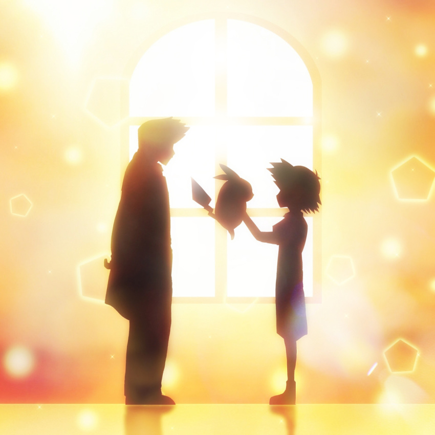 2boys arm_behind_back ash_ketchum commentary_request gen_1_pokemon hands_up harada_miyuki highres holding holding_pokemon light multiple_boys pentagon_(shape) pikachu pokemon pokemon_(anime) pokemon_(classic_anime) pokemon_(creature) samuel_oak shoes short_hair short_sleeves silhouette standing window