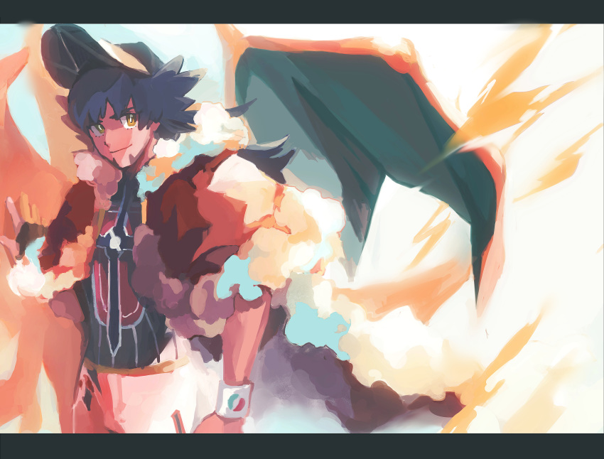 1boy absurdres bangs baseball_cap black_hair cape champion_uniform charizard closed_mouth commentary_request dynamax_band facial_hair fur-trimmed_cape fur_trim gen_1_pokemon hat highres huge_filesize leon_(pokemon) orange_eyes pokemon pokemon_(creature) pokemon_(game) pokemon_swsh pomeraion red_cape shirt shorts smile