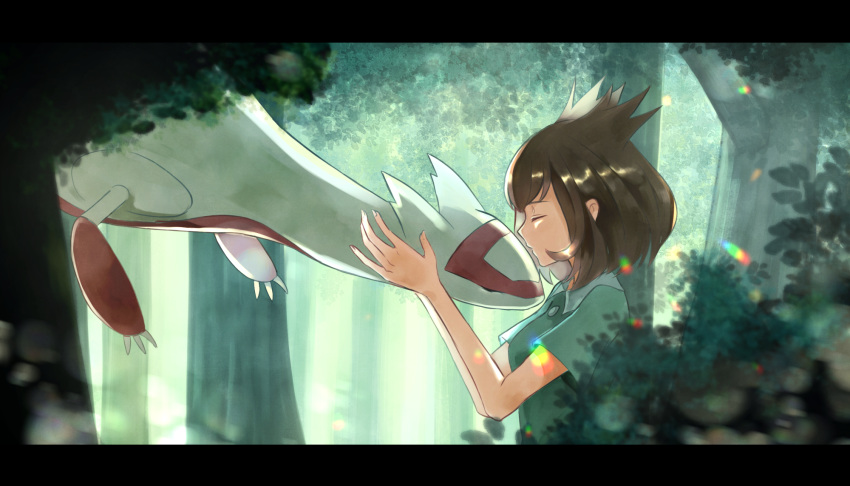 1girl bianca_(pokemon_m05) blurry_foreground brown_hair claws closed_eyes closed_mouth commentary_request forest gen_3_pokemon green_shirt highres holding holding_pokemon latias legendary_pokemon medium_hair nature pokemon pokemon_(anime) pokemon_(classic_anime) pokemon_(creature) pokemon_m05 shiny shiny_hair shirt short_sleeves tree yoru_nights