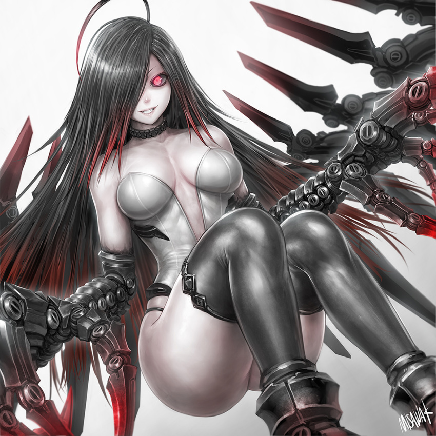 1girl ass black_sclera breasts cowlick floating glowing glowing_eye grey_skin hair_over_one_eye highres leotard looking_at_viewer mecha_musume mechanical_arms mechanical_wings medium_breasts misawa_kei one_eye_covered original prosthesis prosthetic_arm red_eyes smile solo white_background wings