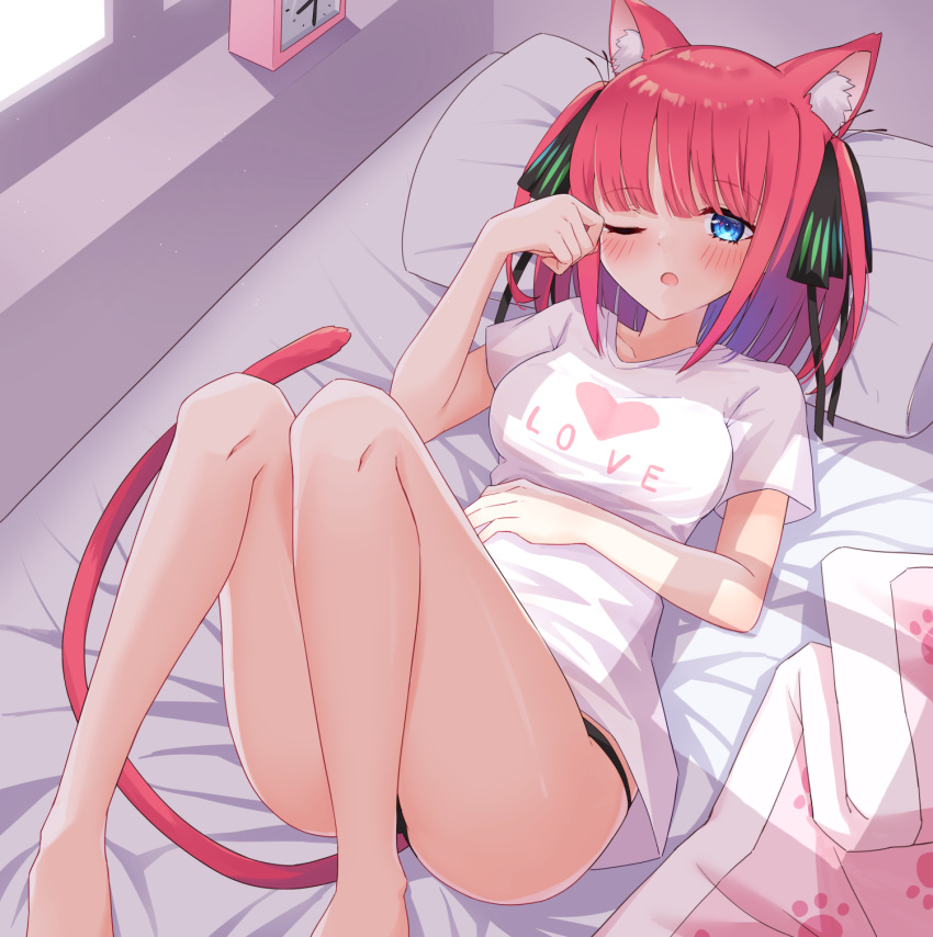 1girl ;o animal_ear_fluff animal_ears bangs bare_legs barefoot bed black_ribbon blanket blue_eyes blush breasts cat_ears cat_girl cat_tail clock clothes_writing commentary_request english_text eyebrows_visible_through_hair feet_out_of_frame go-toubun_no_hanayome hair_ribbon hand_up heart heart_print highres indoors kemonomimi_mode knees_up looking_at_viewer lying medium_breasts nakano_nino no_pants on_back on_bed one_eye_closed parted_lips pillow print_shirt profnote redhead ribbon rubbing_eyes shirt short_sleeves sleepy solo tail two_side_up waking_up white_shirt