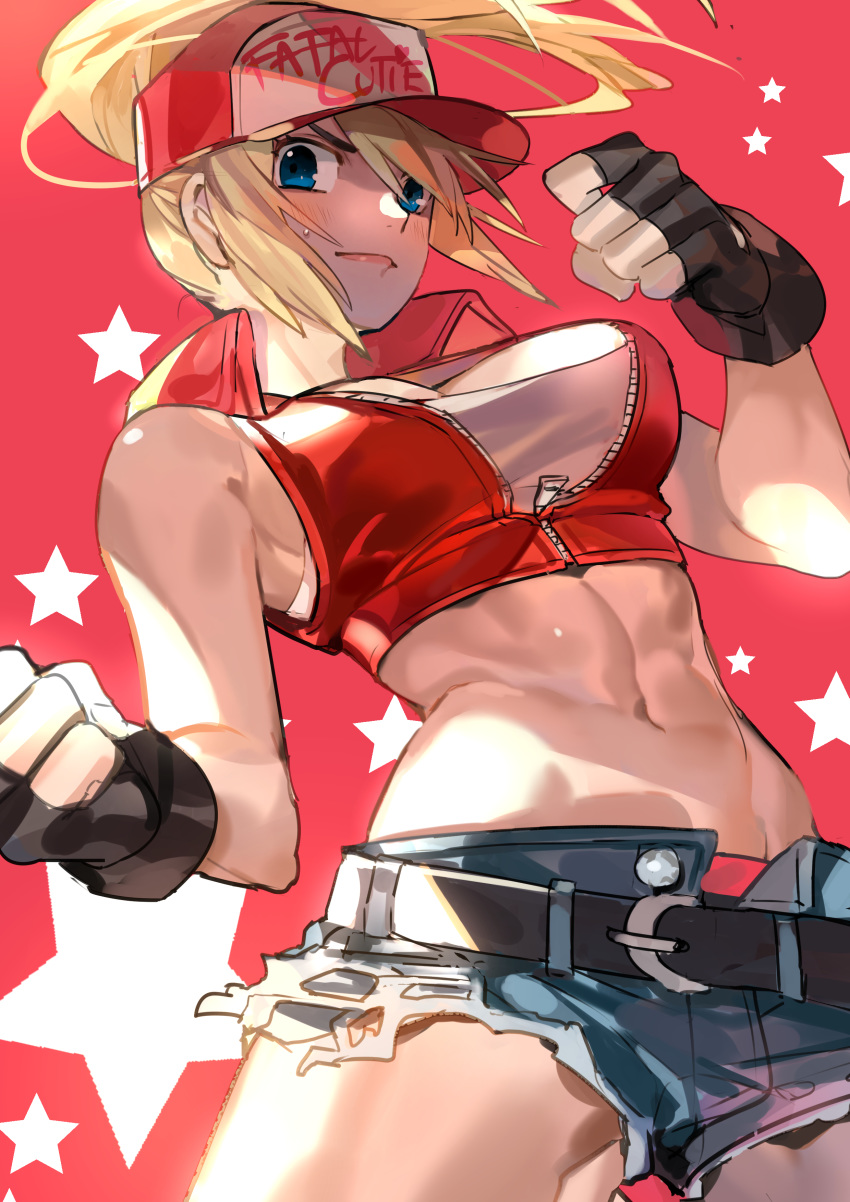 1girl abs absurdres bangs bare_shoulders baseball_cap belly blonde_hair blue_eyes breasts fatal_fury fatal_fury_cap fingerless_gloves genderswap genderswap_(mtf) gloves hat highres large_breasts looking_at_viewer micro_shorts navel picube525528 ponytail shorts smile snk snk_heroines:_tag_team_frenzy solo star_(symbol) tank_top terry_bogard thighs toned underwear vest