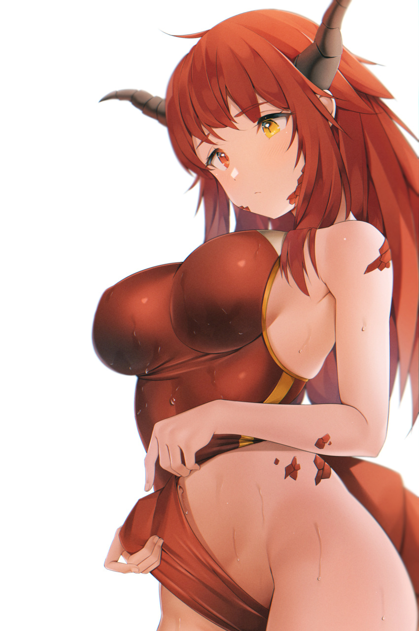 1girl bare_arms bare_shoulders breasts closed_mouth cowboy_shot dragon_horns dragon_tail gold_trim grayfox heterochromia highleg highleg_leotard highres horns large_breasts leotard long_hair looking_down navel original pulled_by_self red_eyes red_leotard redhead scales sidelocks simple_background solo sweat tail white_background yellow_eyes