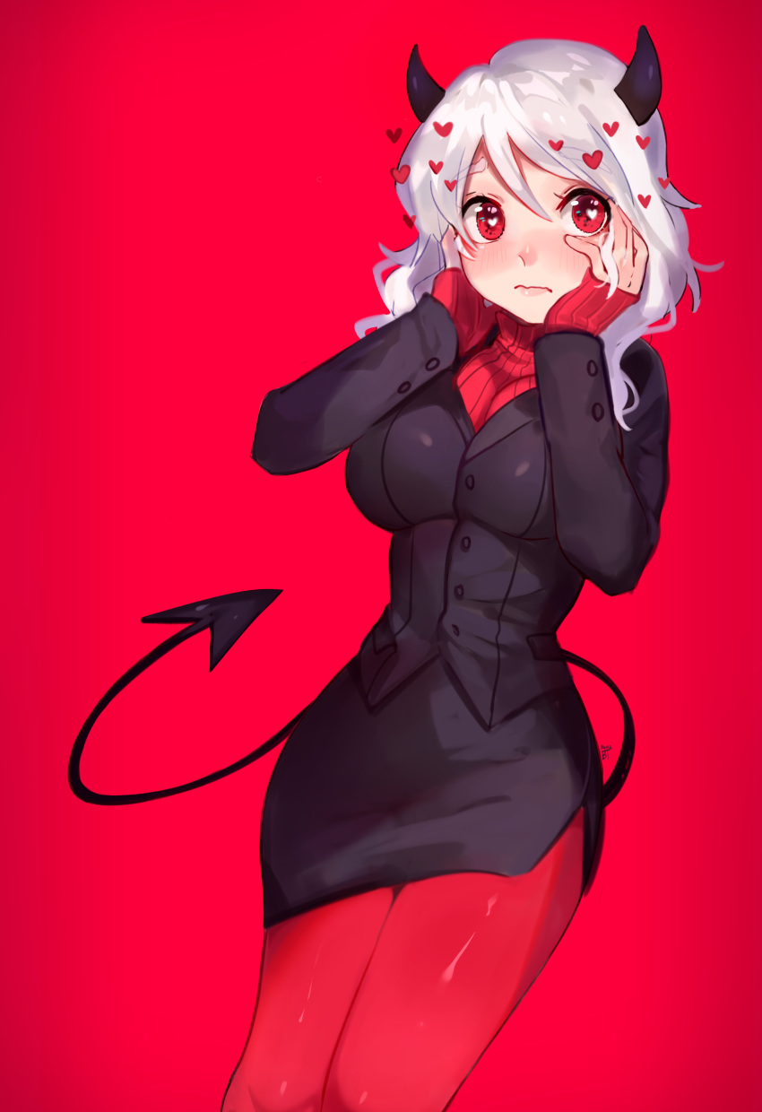 1girl absurdres benzbt black_horns black_suit demon_horns demon_tail hair_between_eyes hands_on_own_cheeks hands_on_own_face hands_up heart helltaker highres horns long_sleeves looking_at_viewer modeus_(helltaker) pantyhose red_background red_legwear red_sweater ribbed_sweater simple_background solo standing sweater tail white_hair