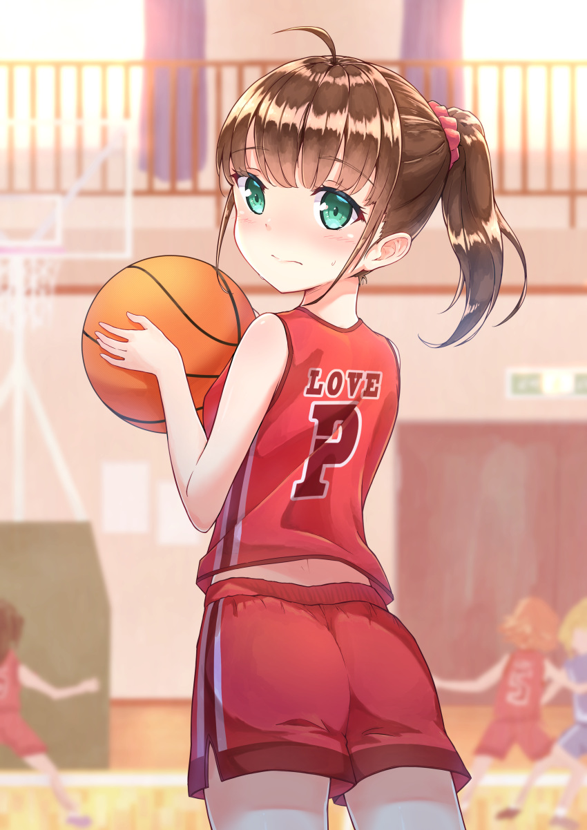 4girls absurdres ahoge ass back ball bangs bare_arms basketball basketball_court basketball_hoop basketball_jersey basketball_uniform blunt_bangs brown_hair closed_mouth commentary cowboy_shot curtains eyebrows_visible_through_hair from_behind green_eyes gym hair_ornament hair_scrunchie highres holding holding_ball indoors looking_at_viewer looking_back multiple_girls original ponytail profnote railing red_shorts scrunchie shorts sidelocks solo_focus sportswear standing window