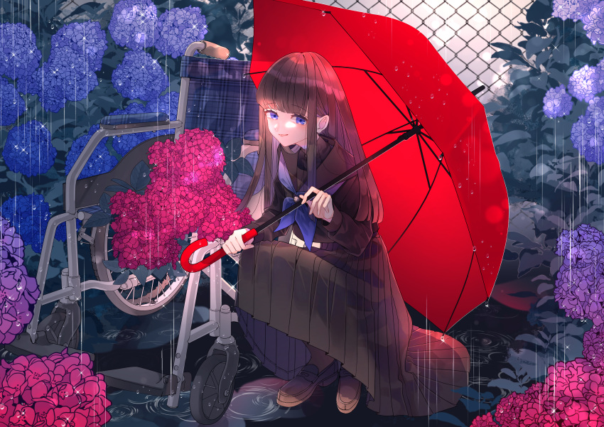 1girl absurdres black_dress black_hair black_serafuku brown_footwear chilcy35 dress fence flower highres huge_filesize hydrangea light_smile long_hair original outdoors penny_loafers puddle rain red_umbrella ripples school_uniform serafuku squatting umbrella violet_eyes wheelchair