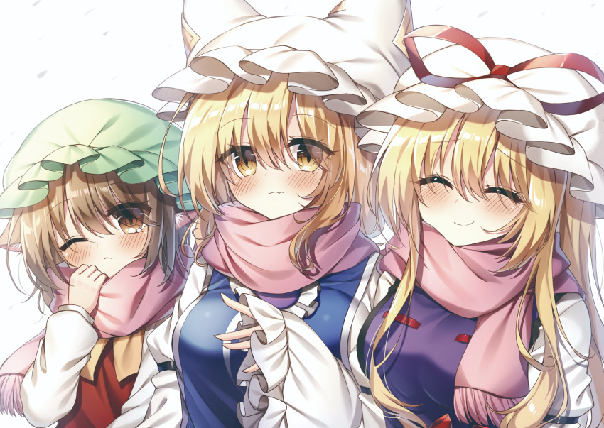 3girls ;&lt; absurdres animal_ears blonde_hair blush breasts brown_eyes brown_hair cat_ears chen closed_eyes closed_mouth commentary_request eyebrows_visible_through_hair eyes_visible_through_hair fang flat_chest green_headwear hand_on_own_face hat hat_ribbon highres juliet_sleeves large_breasts long_hair long_sleeves looking_at_viewer medium_breasts medium_hair mob_cap multiple_girls one_eye_closed pink_scarf pudding_(skymint_028) puffy_sleeves red_ribbon ribbon scarf short_hair simple_background skin_fang sleeves_past_wrists slit_pupils smile tabard touhou upper_body white_background white_headwear wide_sleeves yakumo_ran yakumo_yukari yellow_eyes yellow_neckwear