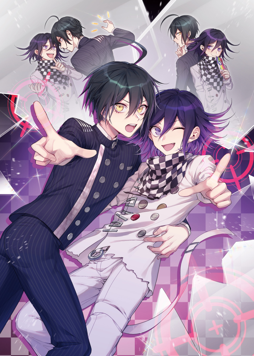 2boys :d absurdres ahoge back-to-back bangs black_hair black_jacket black_pants bullet checkered checkered_neckwear checkered_scarf commentary_request dangan_ronpa double-breasted fang floating gakuran hair_between_eyes hand_on_own_chin highres holding jacket long_sleeves looking_at_viewer male_focus multiple_boys multiple_views nanin new_dangan_ronpa_v3 one_eye_closed open_mouth ouma_kokichi outstretched_arm pants pointing pointing_at_viewer purple_hair saihara_shuuichi scarf school_uniform short_hair smile straitjacket striped striped_pants violet_eyes weapon white_pants