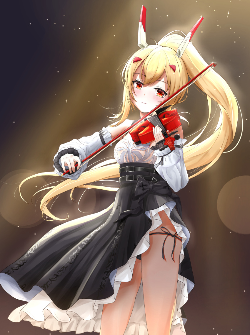 1girl aomi_one ayanami_(azur_lane) ayanami_(nightfall_raiment)_(azur_lane) azur_lane belt black_panties blonde_hair commentary_request detached_sleeves hair_ornament hairclip headgear highres holding instrument long_hair looking_at_viewer music orange_eyes panties pantyshot playing_instrument retrofit_(azur_lane) ribbon-trimmed_sleeves ribbon_trim side-tie_panties smile solo sparkle spotlight thighs underwear violin violin_bow