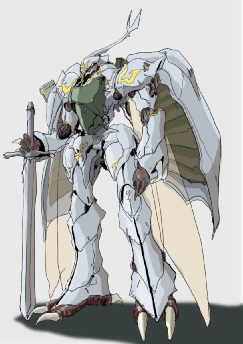 absurdres aura_battler_dunbine_tale_of_the_neo_byston_well green_eyes grey_background highres holding holding_sword holding_weapon insect_wings kuroneko_koubou looking_ahead marker_(medium) mecha no_humans seisenshi_dunbine sirbine sketch solo standing sword traditional_media weapon wings