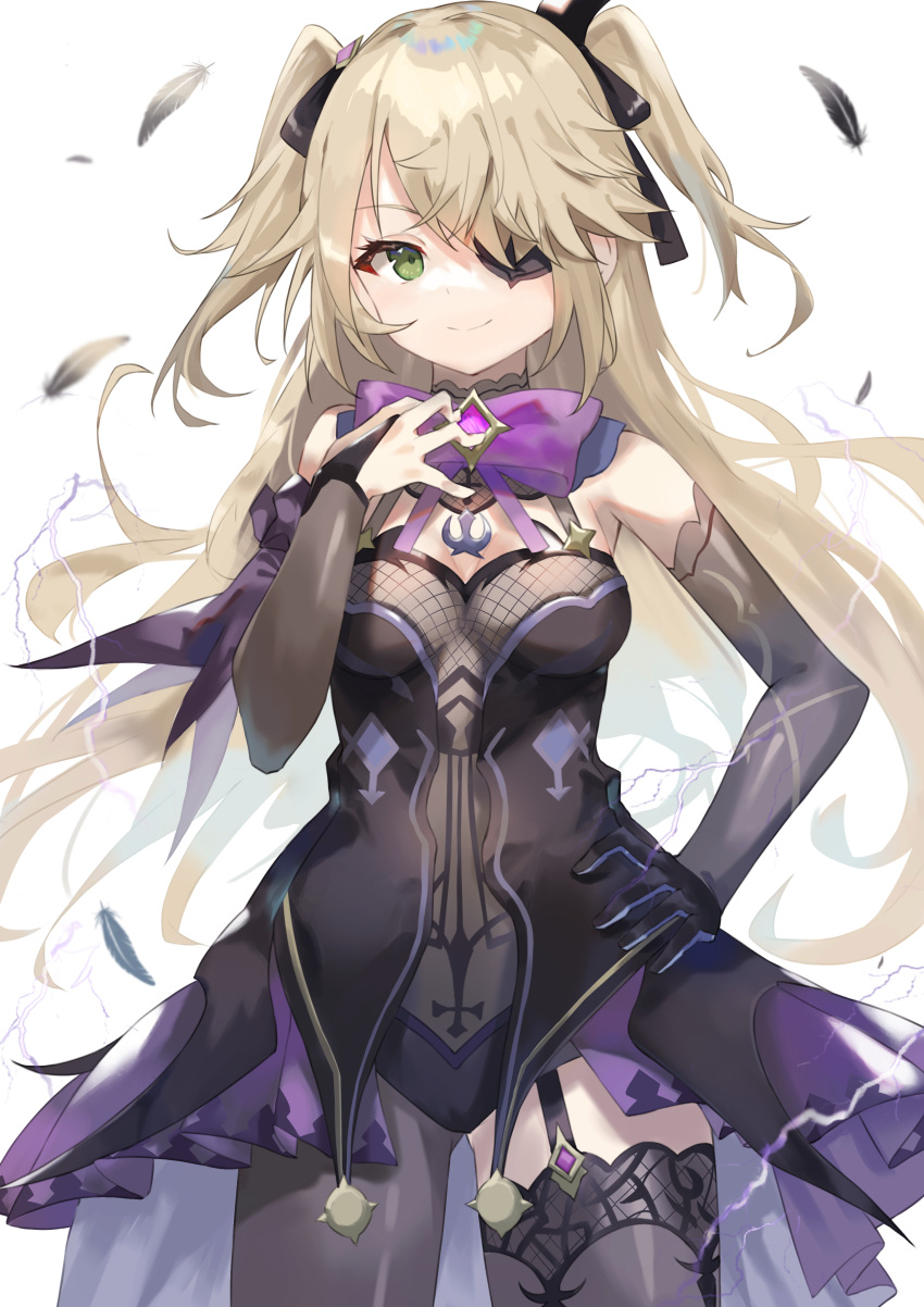 1girl absurdres bare_shoulders black_dress black_legwear blonde_hair bow breasts cowboy_shot dress elbow_gloves eyepatch feathers fischl_(genshin_impact) garter_straps genshin_impact gloves green_eyes hair_ornament hair_over_one_eye hair_ribbon hand_on_hip hand_on_own_chest highres lightning_bolt long_hair looking_at_viewer motota ribbon simple_background single_thighhigh small_breasts smile solo thigh-highs two_side_up white_background