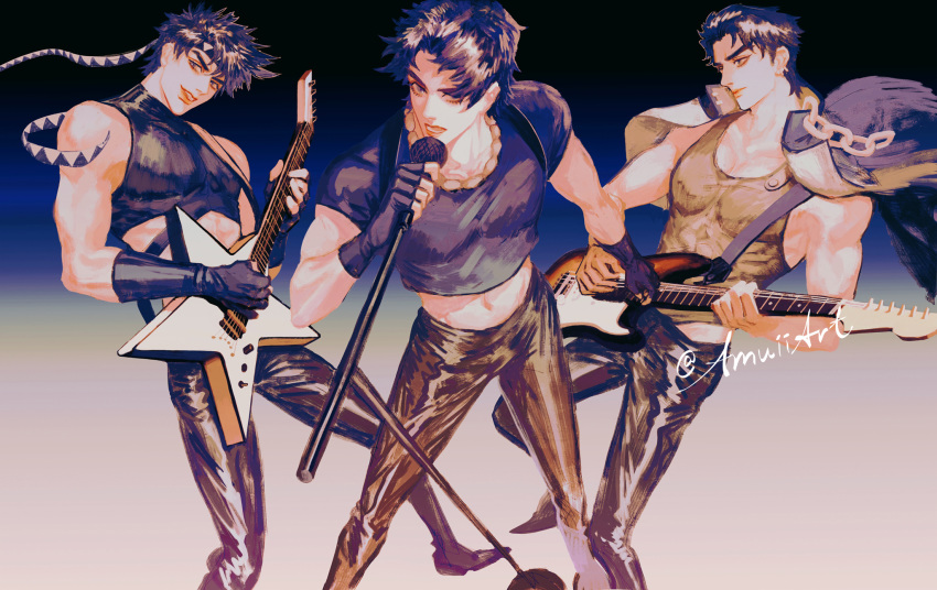 3boys amuiiart black_gloves closed_mouth electric_guitar feet_out_of_frame fingerless_gloves gloves guitar highres holding holding_instrument holding_microphone instrument jojo_no_kimyou_na_bouken jonathan_joestar joseph_joestar_(young) kuujou_joutarou male_focus microphone multiple_boys music open_mouth pants playing_instrument singing sleeveless smile