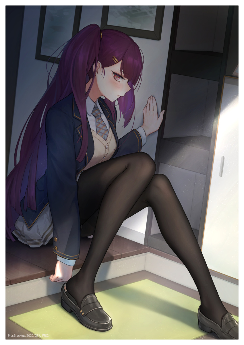 +)_(liu997139467) 1girl alternate_costume artist_name bangs beige_sweater_vest black_footwear black_jacket black_legwear blazer blunt_bangs blush border bright_pupils closed_mouth collared_shirt commentary dress_shirt dutch_angle eyebrows_visible_through_hair eyelashes full_body girls_frontline hair_ornament hairclip hand_on_wall highres indoors jacket knees_together_feet_apart knees_up layered_sleeves legs light_rays loafers long_hair long_sleeves looking_at_viewer miniskirt necktie on_floor open_blazer open_clothes open_door open_jacket pantyhose picture_frame plaid_neckwear pleated_skirt profile purple_hair putting_on_shoes red_eyes rug school_uniform shadow shelf shirt shoes side_ponytail sideways_glance sitting skirt solo straight_hair sunlight sweater_vest tied_hair very_long_hair wa2000_(girls_frontline) watermark white_border white_shirt white_skirt wing_collar