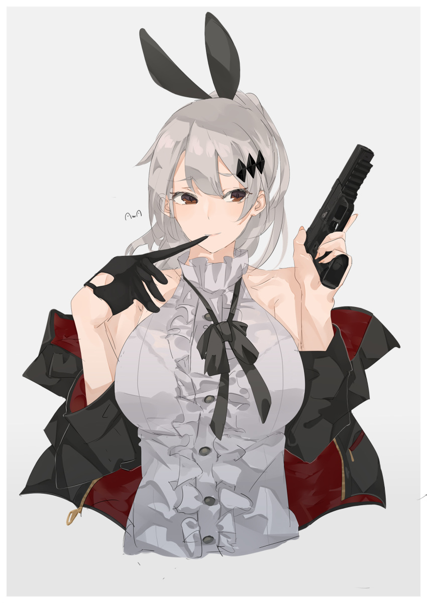 1girl animal_ears artist_name bare_shoulders barrette black_gloves black_neckwear bow bowtie breasts brown_eyes bunny_hair_ornament closed_mouth eyebrows_visible_through_hair finger_to_mouth five-seven_(girls_frontline) five-seven_(gun) girls_frontline gloves gloves_removed grey_background gun hair_ornament handgun highres holding holding_gun holding_weapon jacket large_breasts long_hair looking_at_viewer rabbit_ears shirt silver_hair single_glove solo sutekina_awa weapon white_shirt
