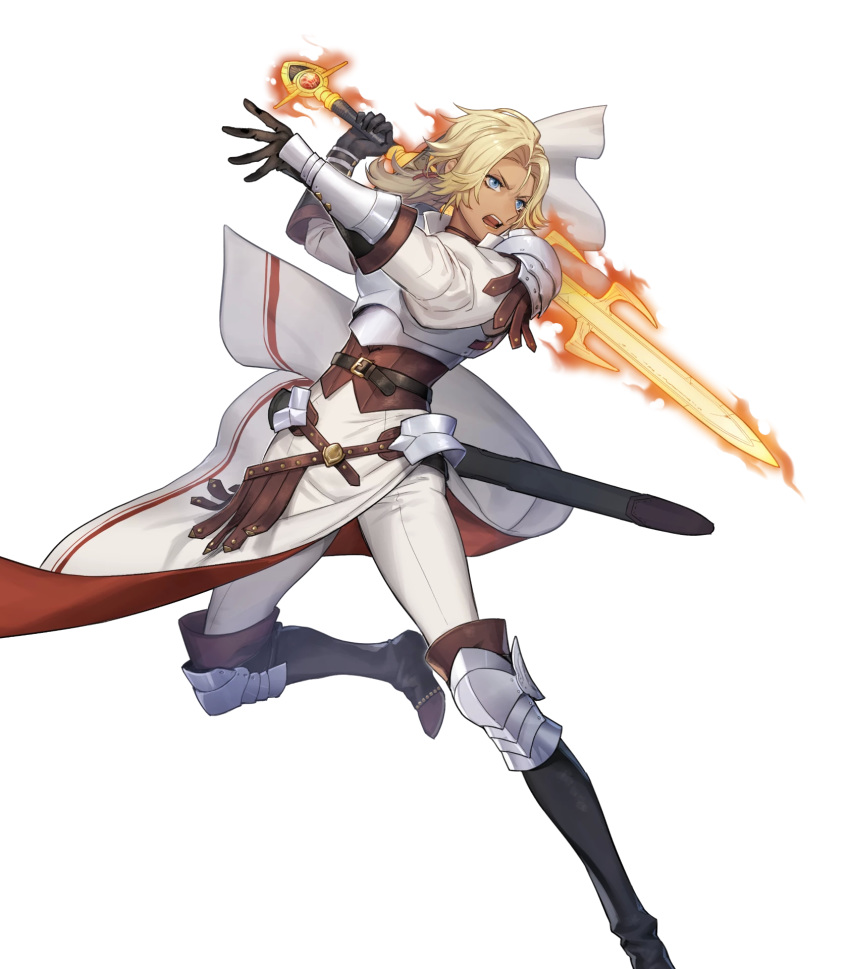 1girl arm_guards armor bangs belt blonde_hair blue_eyes boobplate boots breastplate breasts catherine_(fire_emblem) closed_mouth dark_skin fire_emblem fire_emblem:_three_houses fire_emblem_heroes full_body gloves highres holding holding_sword holding_weapon knee_pads leg_up lips long_hair long_sleeves looking_at_viewer looking_away official_art open_mouth p-nekor pants parted_bangs puffy_sleeves shiny shiny_hair shoulder_armor solo sword transparent_background weapon white_pants