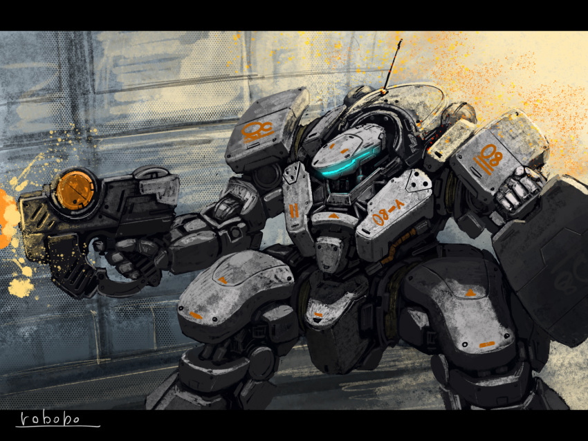 bottoms1237 clenched_hand firing glowing gun highres holding holding_gun holding_weapon looking_ahead mecha no_humans original science_fiction solo visor weapon