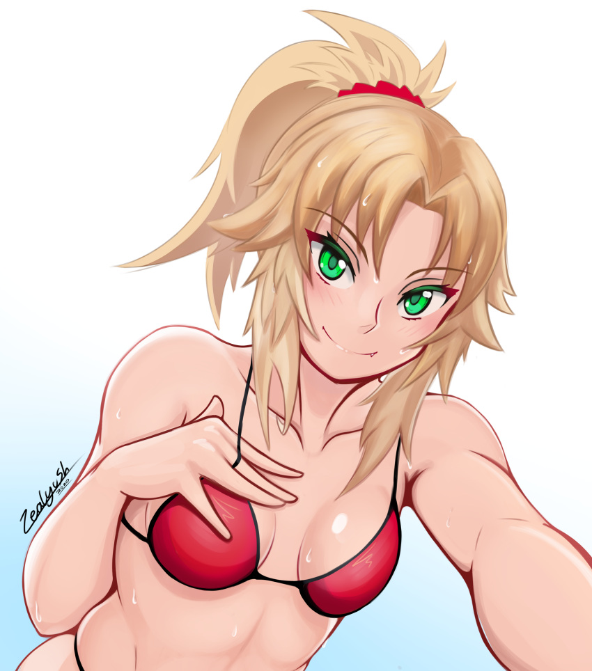 1girl artist_name bikini blonde_hair blush breasts breasts_apart dutch_angle fang fate/grand_order fate_(series) green_eyes hand_on_own_chest highres looking_at_viewer mordred_(fate)_(all) mordred_(swimsuit_rider)_(fate) ponytail red_bikini red_scrunchie scrunchie small_breasts smile solo strap_lift swimsuit wet white_background zealyush