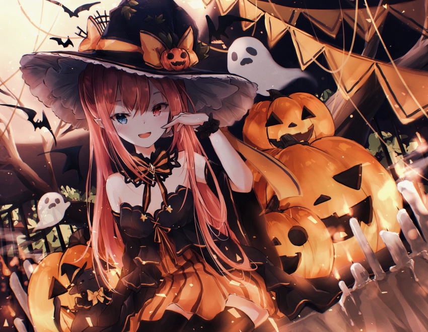 1girl bare_shoulders bat black_headwear blue_eyes bow candle candle_wax cat dress fang full_moon ghost halloween hand_up hat hat_ornament heterochromia highres jack-o'-lantern long_hair miyu_(miy_u1308) moon open_mouth original pointy_ears pumpkin red_eyes redhead scrunchie sitting solo string_of_flags striped thigh-highs twintails vertical_stripes witch_hat wrist_scrunchie