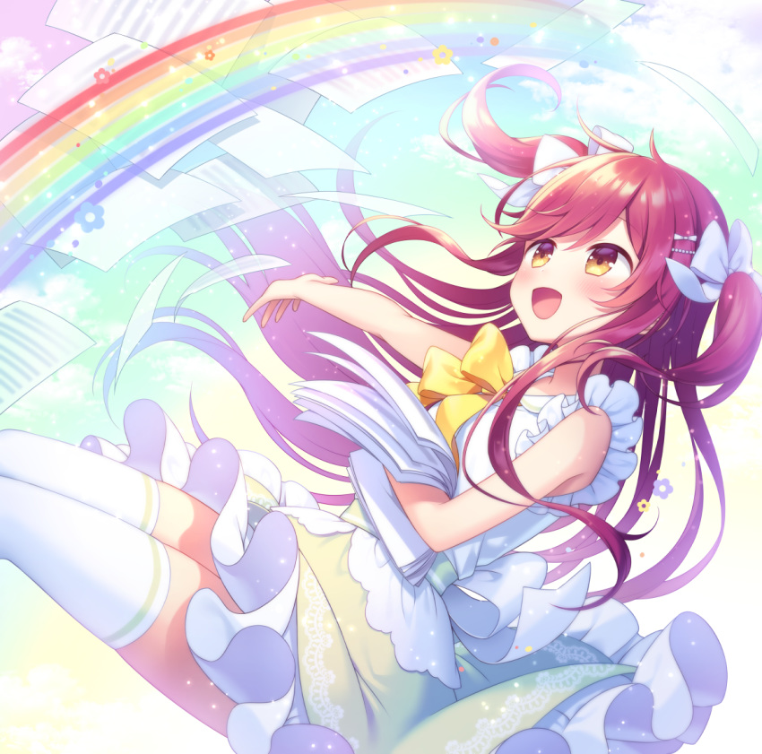 1girl :d amane_kurumi bangs blush bow brown_eyes clouds cloudy_sky collared_shirt commentary_request day eyebrows_visible_through_hair floating_hair frilled_skirt frills green_skirt green_sky hair_between_eyes hair_bow hair_ornament hairclip long_hair looking_away open_mouth original outdoors paper rainbow redhead shirt skirt sky sleeveless sleeveless_shirt smile solo thigh-highs two_side_up very_long_hair white_bow white_legwear white_shirt yellow_bow