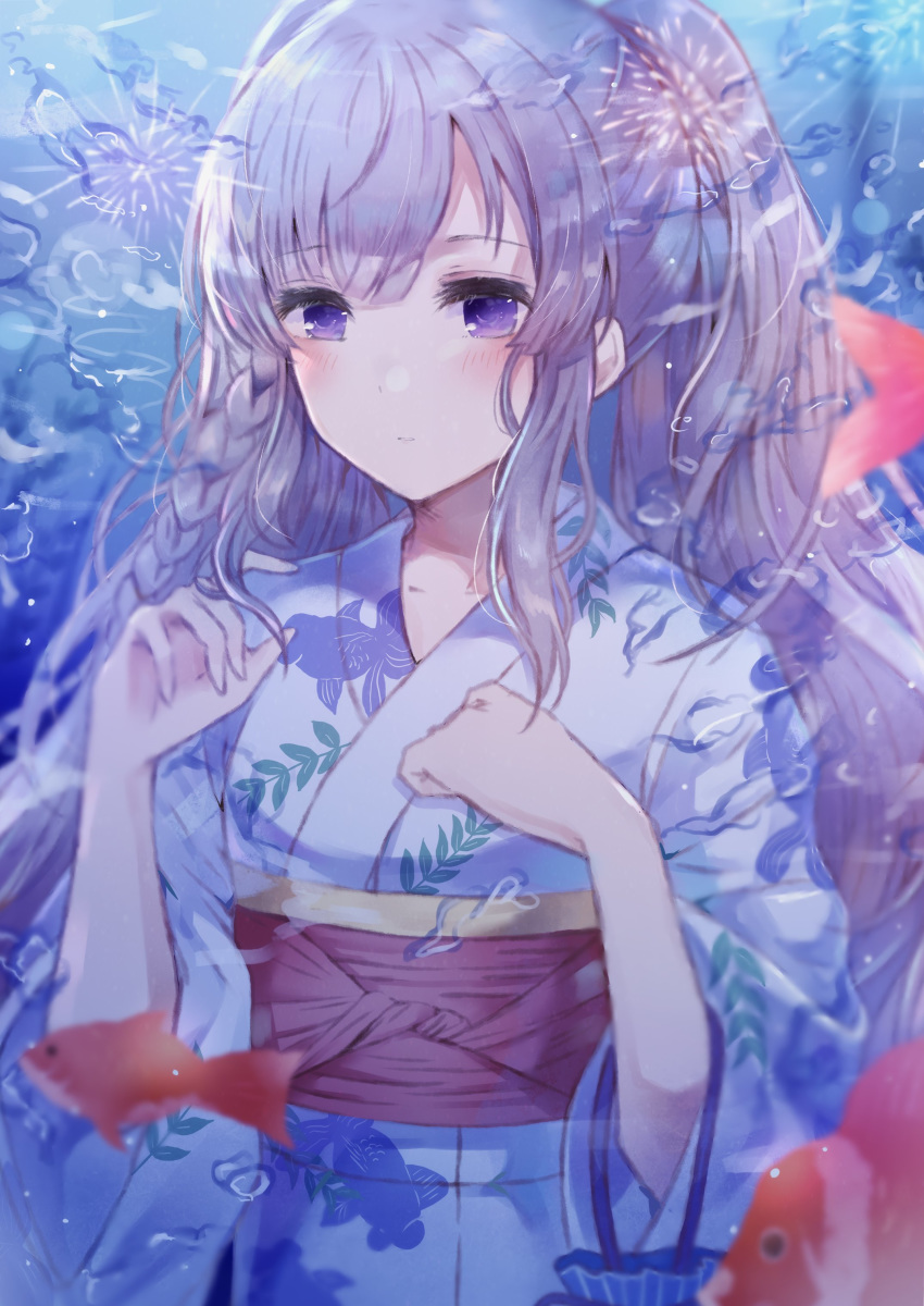 1girl absurdres blush braid fish goldfish grey_hair highres idolmaster idolmaster_shiny_colors japanese_clothes kimono long_hair looking_at_viewer namamake sidelocks solo standing twintails underwear violet_eyes yuukoku_kiriko