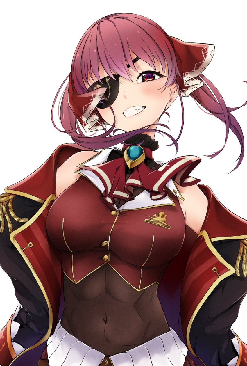 1girl abs anchor_symbol arrow_through_heart ascot bangs bare_shoulders black_coat blush bodystocking breasts brown_leotard coat covered_navel crop_top eyepatch grin hair_between_eyes hair_ribbon head_tilt heart highres hololive houshou_marine large_breasts leotard long_hair looking_at_viewer midriff off_shoulder pleated_skirt red_eyes red_ribbon red_skirt red_vest redhead ribbon simple_background skirt smile solo suzushika_(13_96) twintails vest virtual_youtuber white_background wind