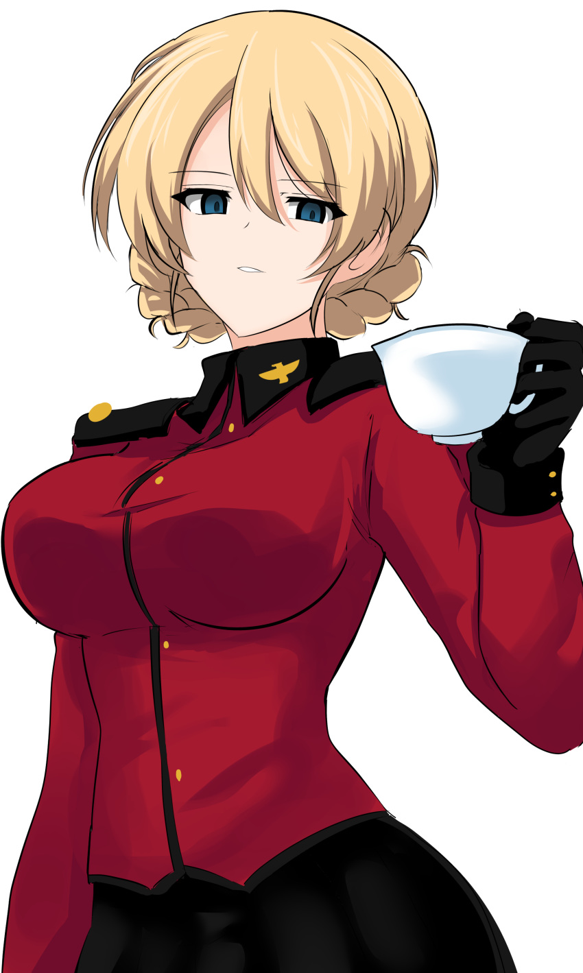 1girl absurdres aikir_(jml5160) arm_at_side black_gloves black_skirt blonde_hair blue_eyes braid breasts cowboy_shot cup darjeeling_(girls_und_panzer) french_braid girls_und_panzer gloves hair_between_eyes highres holding holding_cup jacket large_breasts looking_at_viewer parted_lips red_jacket short_hair skirt solo st._gloriana's_military_uniform teacup white_background