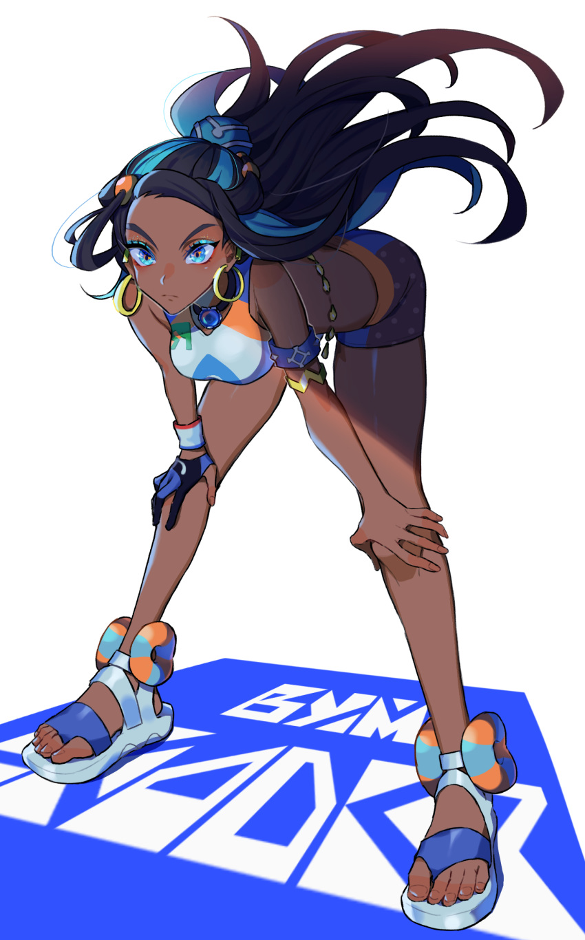 1girl armlet belly_chain bent_over bike_shorts black_hair blue_eyes blue_hair closed_mouth commentary_request crazy_kinoko dark_skin dynamax_band earrings eyelashes full_body gloves green_eyeshadow gym_leader hair_bun hands_on_own_knees highres hoop_earrings jewelry long_hair makeup multicolored_hair necklace nessa_(pokemon) pokemon pokemon_(game) pokemon_swsh sandals single_glove solo toes two-tone_hair