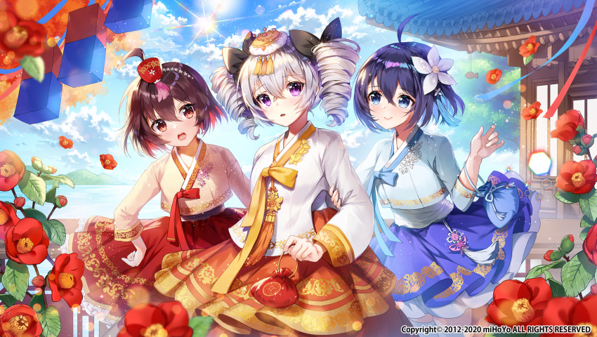 3girls absurdres ahoge apple_caramel bangs black_hair blue_eyes blue_shirt blue_skirt breasts brown_eyes brown_hair character_request clouds cloudy_sky commentary_request day drill_hair eyebrows_visible_through_hair flower flower_request hair_between_eyes hair_flower hair_ornament highres holding_another's_arm holding_pouch honkai_(series) honkai_impact_3rd long_sleeves looking_at_viewer multiple_girls official_art open_mouth orange_skirt red_skirt shirt short_hair sidelocks silver_hair skirt sky small_breasts smile sun twin_drills violet_eyes white_shirt yellow_shirt
