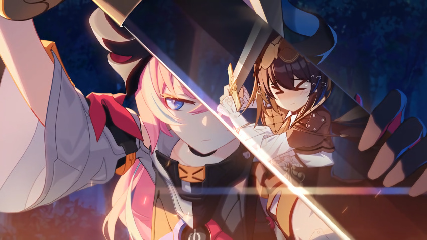 1065587906 1girl 2girls armor battle black_choker black_gloves black_hair blue_eyes blush character_request choker closed_eyes closed_mouth embers flying_teardrops forest glint gloves hair_between_eyes highres holding holding_sword holding_weapon honkai_(series) honkai_impact_3rd horns long_hair multicolored multicolored_hair multiple_girls nature night pink_hair reflection streaked_hair sword tears tree upper_body weapon white_hair