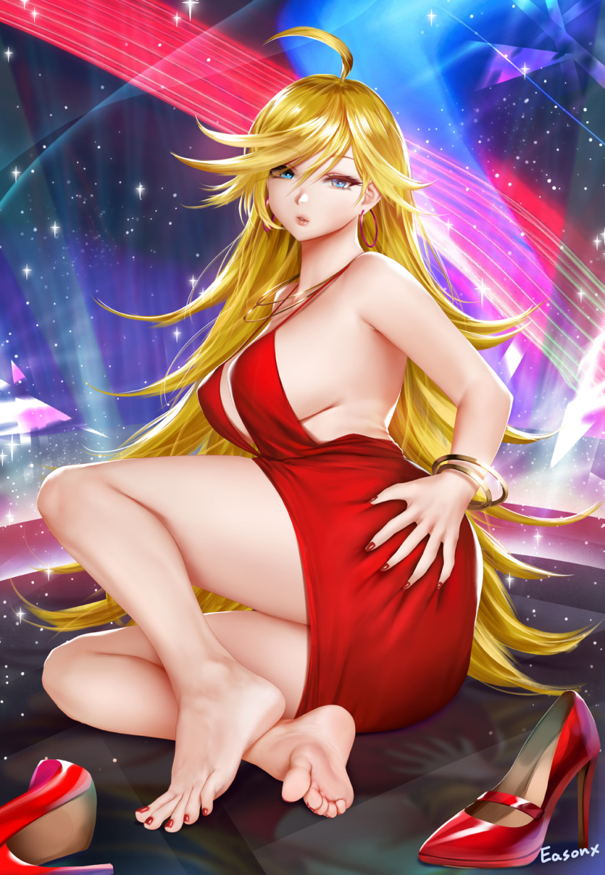 1girl ahoge bangs barefoot blonde_hair blue_eyes bracelet breasts dress earrings easonx eyebrows_visible_through_hair hair_between_eyes hand_on_own_ass high_heels highres hoop_earrings jewelry large_breasts long_hair looking_at_viewer lying necklace on_side panty_&amp;_stocking_with_garterbelt panty_(psg) red_dress shoes_removed solo