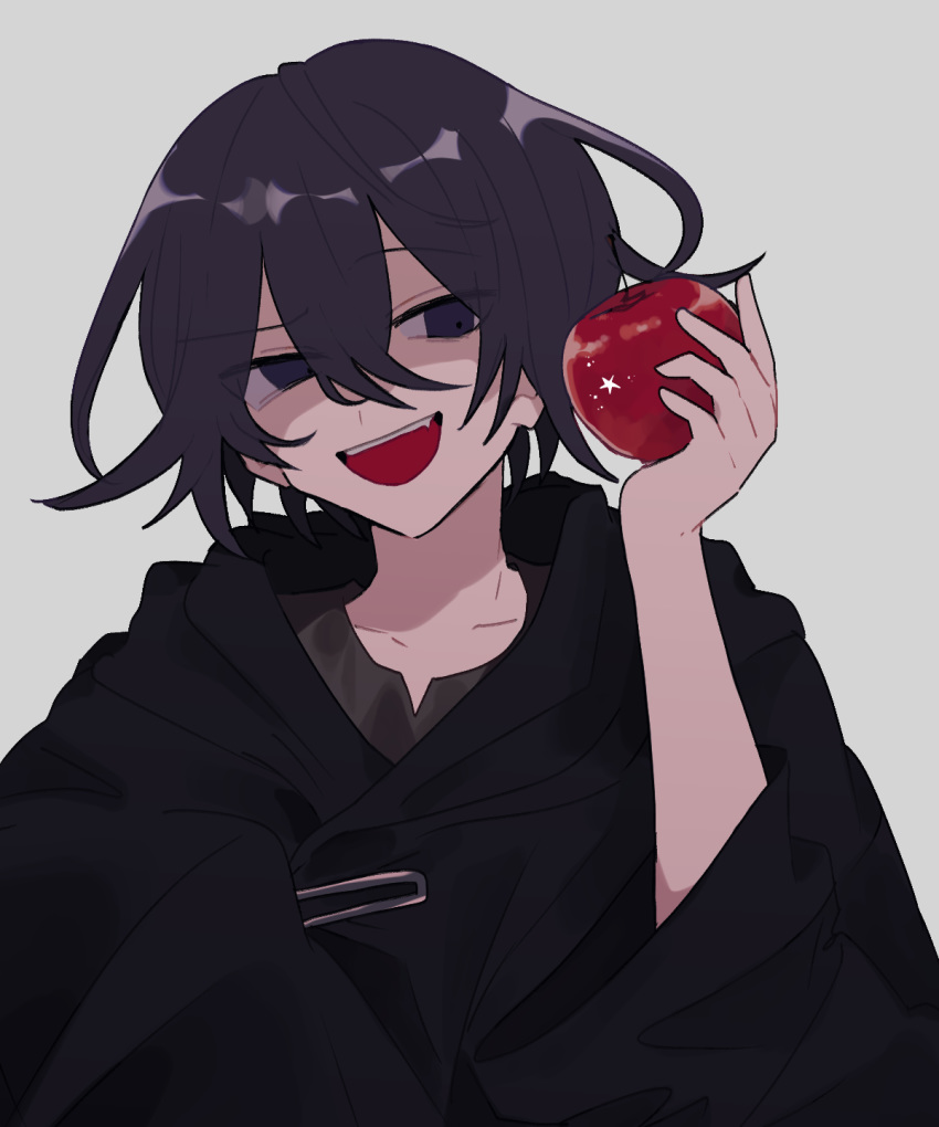 1boy apple bangs black_cloak checkered cloak collarbone commentary_request dangan_ronpa fang food fruit grey_background hair_between_eyes highres holding hood inagoinaire long_sleeves looking_at_viewer male_focus new_dangan_ronpa_v3 open_mouth ouma_kokichi red_apple simple_background smile solo upper_body violet_eyes