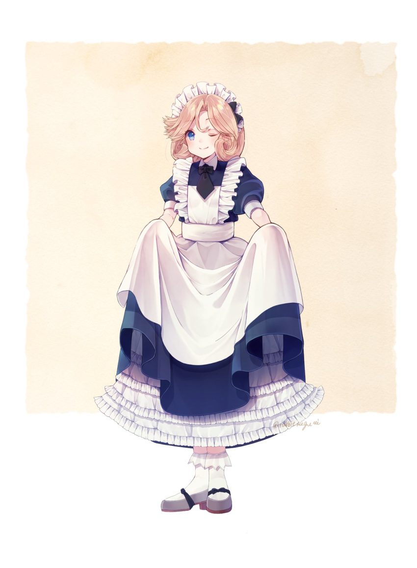 1girl alternate_costume apron black_neckwear blonde_hair bloomers blue_dress blue_eyes curtsey dress enmaided frilled_apron frills full_body highres janus_(kantai_collection) kantai_collection looking_at_viewer maid maid_headdress mary_janes megu_usagi necktie one_eye_closed sailor_dress shoes short_hair skirt_hold smile socks solo standing twitter_username underskirt underwear white_apron white_legwear