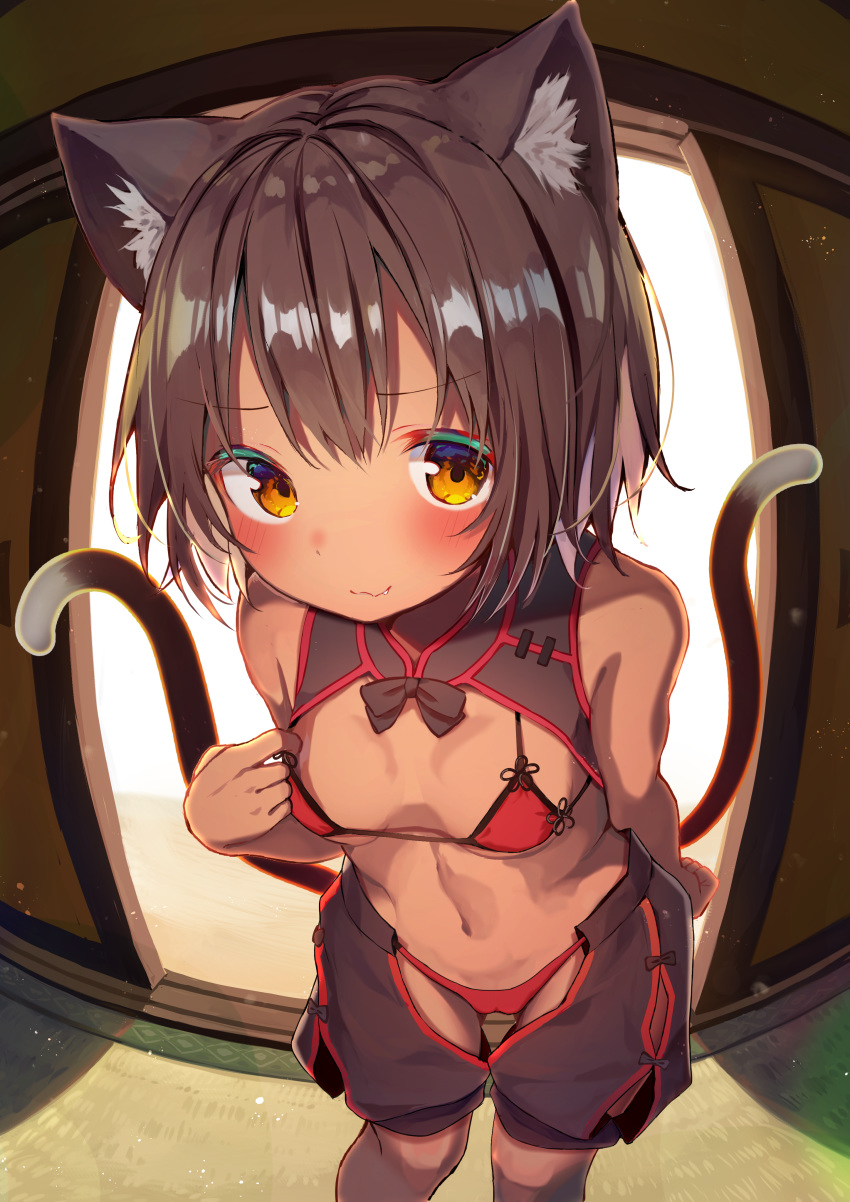 1girl :3 absurdres alternate_costume animal_ear_fluff animal_ears bare_arms bare_shoulders bikini blush breasts brown_eyes brown_hair cat_ears cat_tail chen chinese_clothes closed_mouth fang fang_out fisheye highres indoors leaning_forward light_smile looking_at_viewer mamemochi multiple_tails navel red_bikini short_hair small_breasts solo standing stomach string_bikini swimsuit tail tan tatami thigh_gap touhou two_tails