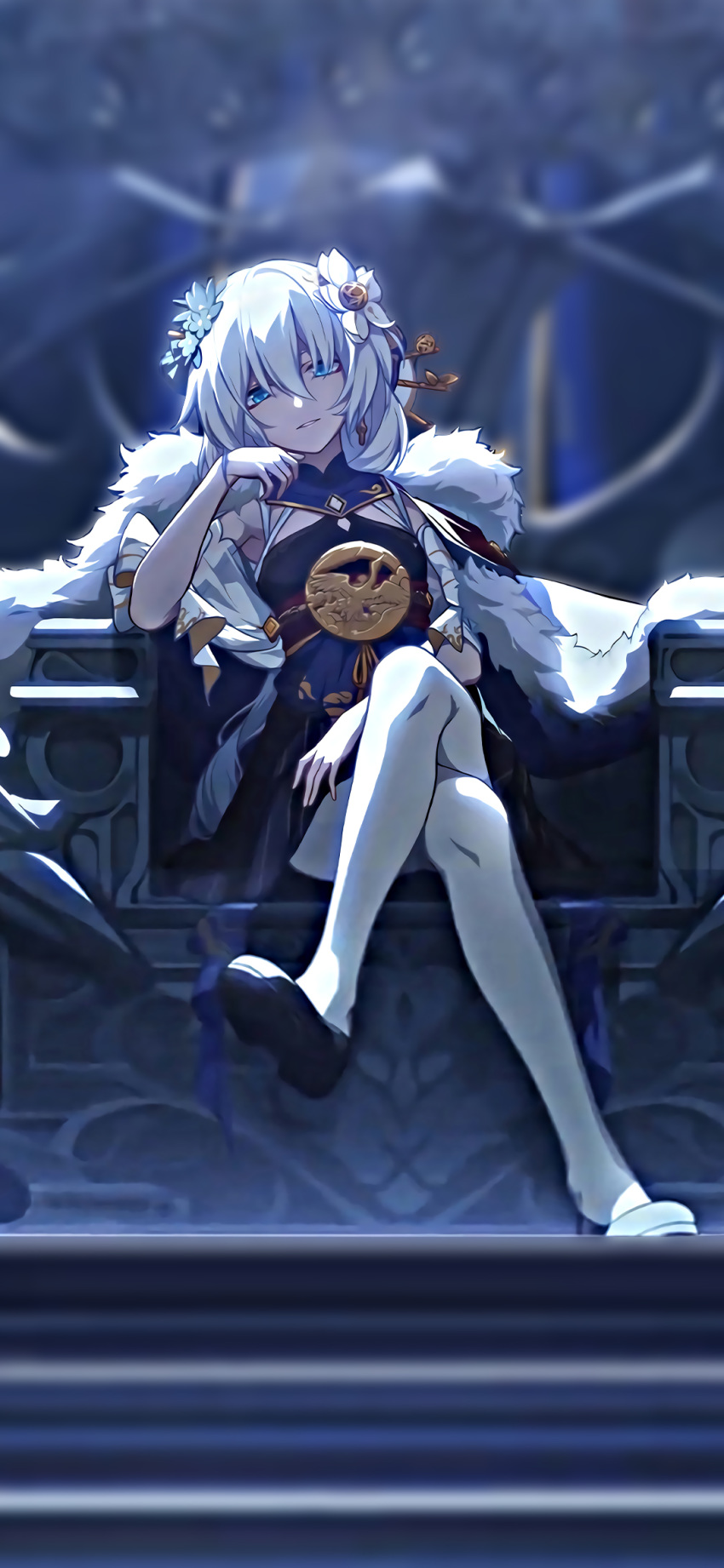 1065587906 1girl black_footwear blue_cape blue_eyes blue_flower cape cropped crossed_legs flower fur-trimmed_cape fur_trim hair_between_eyes hair_flower hair_ornament highres honkai_(series) honkai_impact_3rd indoors light_rays long_hair looking_at_viewer parted_lips sitting solo stairs throne white_flower white_hair white_legwear