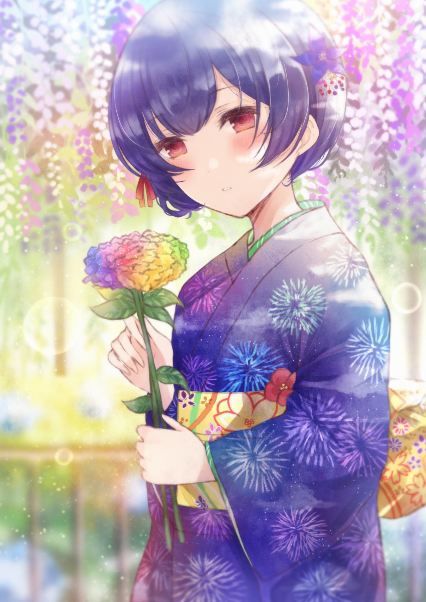 1girl absurdres blush bob_cut flower hair_flower hair_ornament hair_ribbon hanging_plant highres idolmaster idolmaster_shiny_colors japanese_clothes kimono looking_at_viewer looking_to_the_side morino_rinze namamake outdoors purple_hair red_eyes ribbon short_hair sidelocks solo standing