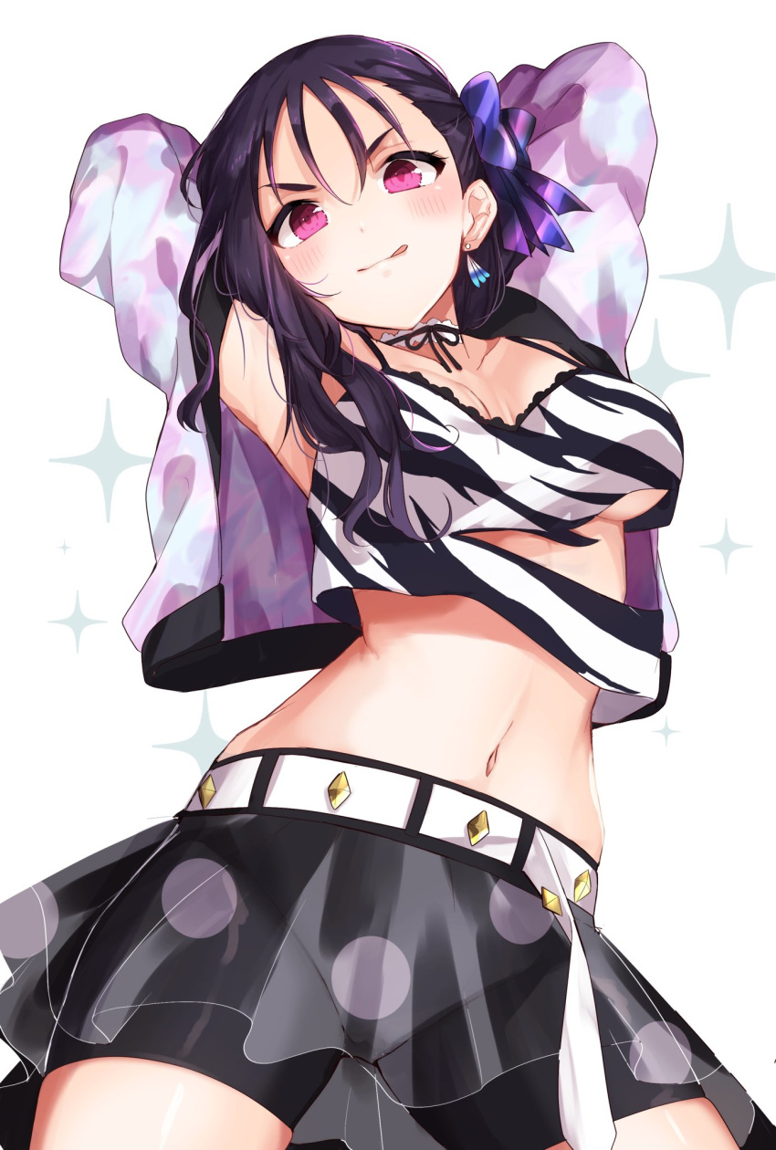 1girl :q armpits arms_behind_head arms_up belt bike_shorts black_hair black_shorts bow choker cowboy_shot crop_top crop_top_overhang cropped_jacket earrings goroo_(eneosu) hair_bow highres jacket jewelry kazuno_sarah long_hair long_sleeves looking_at_viewer love_live! love_live!_sunshine!! midriff miniskirt navel open_clothes open_jacket pink_eyes see-through shirt short_shorts shorts shorts_under_skirt simple_background skirt sleeveless sleeveless_shirt smile solo stomach tongue tongue_out torn_clothes torn_shirt v-shaped_eyebrows white_background white_jacket