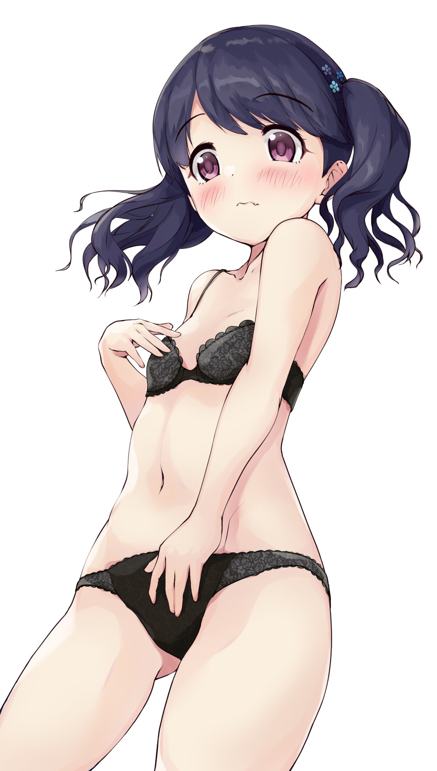 1girl absurdres bangs bare_arms bare_shoulders black_bra black_hair black_panties blue_flower blush bra closed_mouth collarbone commentary_request eyebrows_visible_through_hair fang fang_out flower fukumaru_koito groin hair_flower hair_ornament highres idolmaster idolmaster_shiny_colors kuroba_aki lingerie navel panties simple_background smile solo twintails underwear underwear_only violet_eyes wavy_mouth white_background