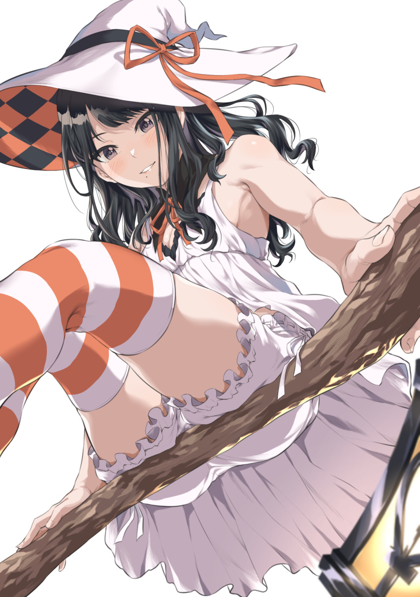 1girl bangs bare_shoulders black_hair bloomers blue_eyes broom broom_riding checkered from_below fukuyama_satoshi hat hat_ribbon highres idolmaster idolmaster_shiny_colors kazano_hiori lantern long_hair looking_down mole mole_under_mouth parted_lips ribbon sidesaddle simple_background sleeveless smile solo striped striped_legwear thigh-highs translation_request underwear white_background witch witch_hat