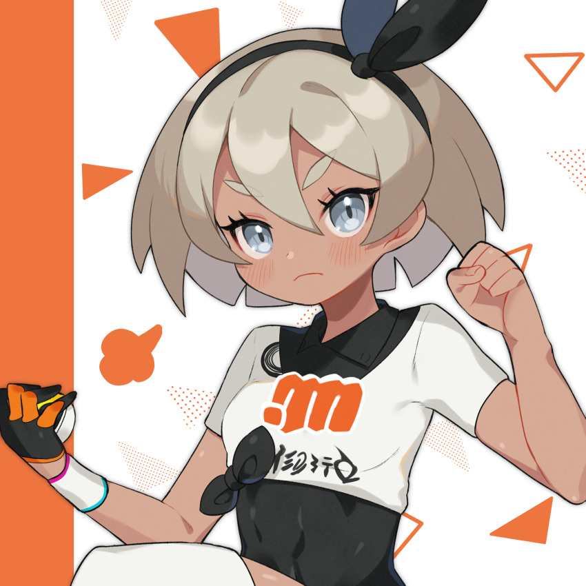 1girl bangs bea_(pokemon) black_bodysuit black_hairband blonde_hair blush bodysuit bodysuit_under_clothes bow_hairband clenched_hand closed_mouth collared_shirt commentary_request dynamax_band eyelashes gloves grey_eyes gym_leader hair_between_eyes hairband highres holding holding_poke_ball knee_pads poke_ball pokemon pokemon_(game) pokemon_swsh ponpeex print_shirt shirt short_hair short_sleeves single_glove solo tied_shirt ultra_ball