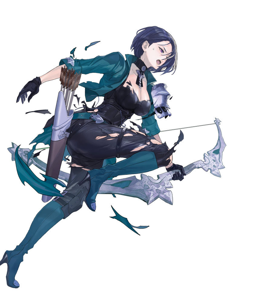 1girl armor arrow_(projectile) bangs belt black_eyes black_gloves black_hair boots bow_(weapon) breasts closed_mouth collar corset fire_emblem fire_emblem:_three_houses fire_emblem_heroes full_body gloves green_jacket high_heel_boots high_heels highres holding holding_bow_(weapon) holding_weapon jacket knee_boots large_breasts leg_up looking_away maeshima_shigeki medium_breasts official_art open_clothes open_mouth pale_skin pants parted_bangs quiver shamir_nevrand shiny shiny_clothes shiny_hair short_hair shoulder_armor solo sweat sweatdrop torn_clothes torn_pants transparent_background weapon