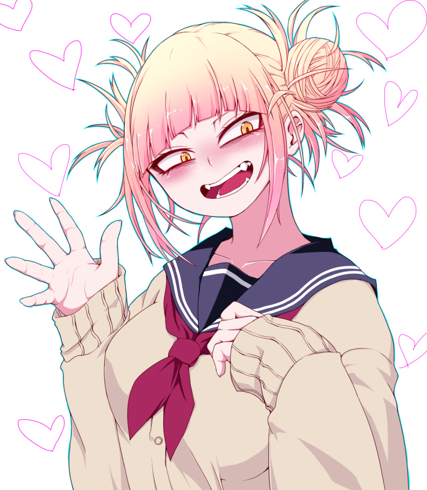 1girl black_sailor_collar blonde_hair boku_no_hero_academia cardigan commentary_request fangs hair_bun hand_up heart heart_background highres long_sleeves looking_at_viewer okumari open_mouth red_neckwear sailor_collar short_hair smile solo teeth toga_himiko upper_body white_background yellow_eyes