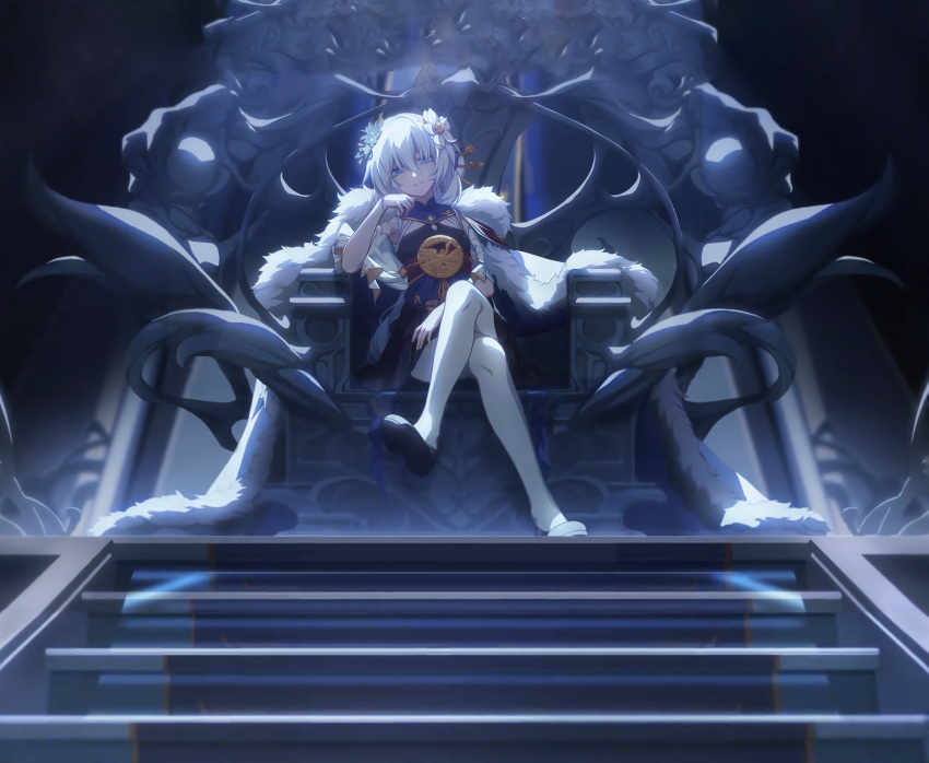1065587906 1girl absurdres black_footwear blue_cape blue_eyes blue_flower cape chinese_commentary commentary_request crossed_legs flower fur-trimmed_cape fur_trim hair_between_eyes hair_flower hair_ornament highres honkai_(series) honkai_impact_3rd indoors light_rays long_hair looking_at_viewer parted_lips sitting solo stairs throne white_flower white_hair white_legwear