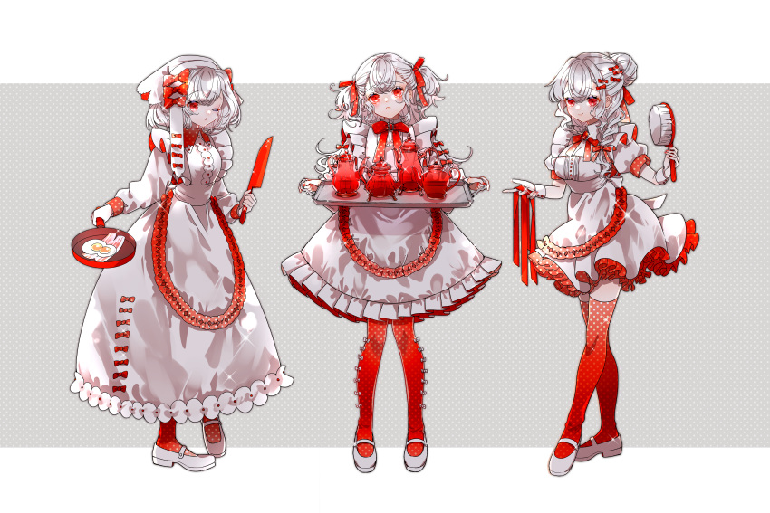 1girl absurdres apron bacon bow braid brush chilcy35 dress food fried_egg gloves hair_bow hair_ribbon highres holding holding_knife holding_tray knife long_hair long_sleeves looking_at_viewer maid mary_janes multiple_views one_eye_closed original red_eyes red_legwear red_ribbon ribbon shoes short_hair short_sleeves short_twintails sidelocks simple_background standing teapot thigh-highs tray twintails white_dress white_footwear white_gloves white_hair