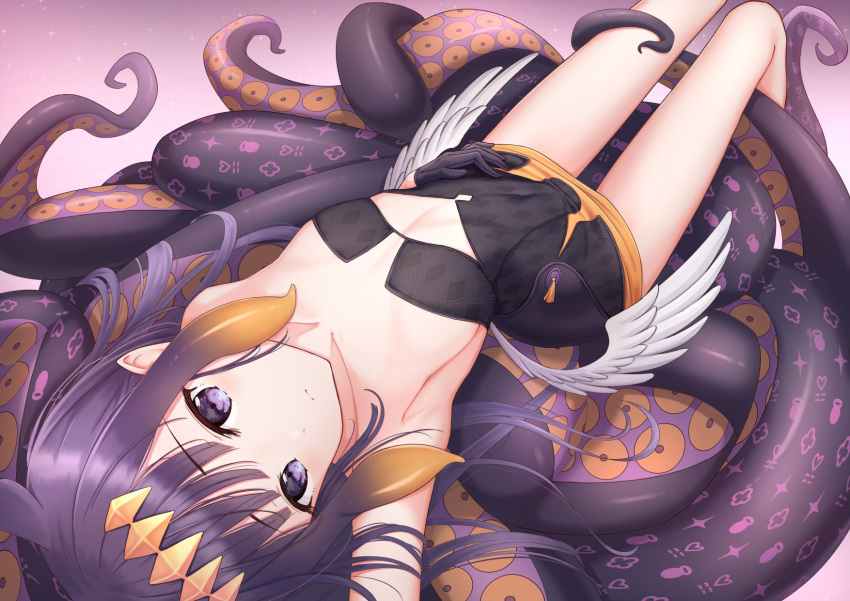 1girl bangs black_gloves breasts dress eyebrows_visible_through_hair frown gloves headgear highres hololive hololive_english lying marinesnow ninomae_ina'nis on_back pointy_ears purple_hair sidelocks small_breasts solo tentacle_hair tentacles violet_eyes virtual_youtuber wings