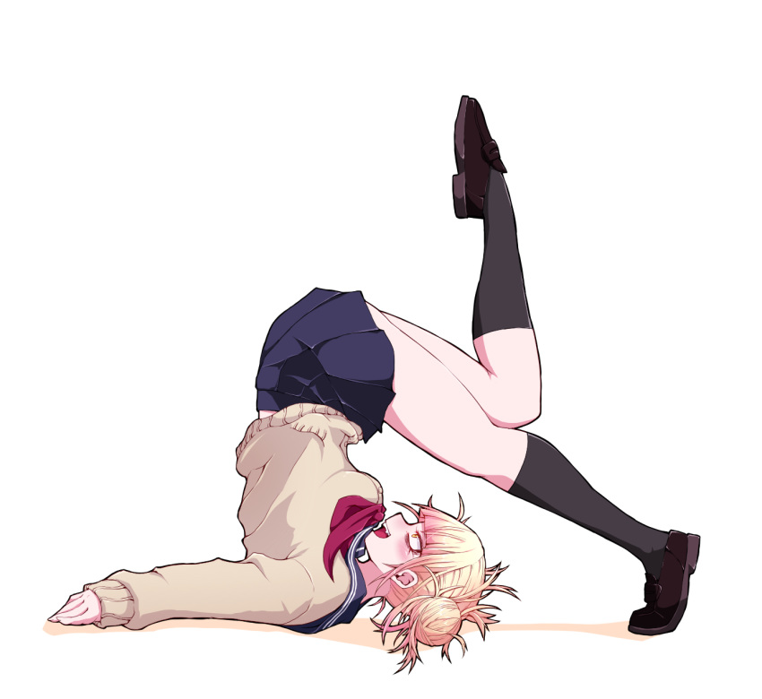 1girl blonde_hair blue_sailor_collar blue_skirt boku_no_hero_academia brown_footwear cardigan commentary_request fang flexible hair_bun highres kneehighs okumari open_mouth red_neckwear sailor_collar shoes simple_background skirt solo teeth toga_himiko upper_teeth white_background yellow_eyes yoga