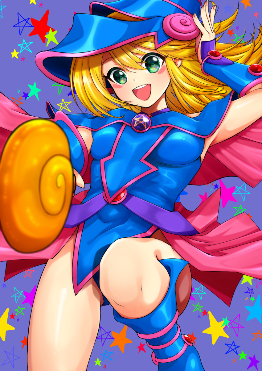 1girl absurdres bare_shoulders blonde_hair blue_footwear blue_plan blush blush_stickers boots breasts choker dark_magician_girl duel_monster eyebrows_visible_through_hair fingernails green_eyes hat highres large_breasts long_hair looking_at_viewer open_mouth pentagram smile solo staff wand wizard_hat yu-gi-oh! yu-gi-oh!_duel_monsters