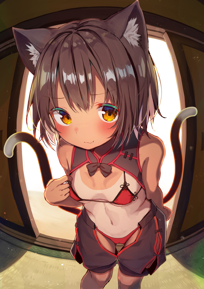 1girl :3 absurdres alternate_costume animal_ear_fluff animal_ears bare_arms bare_shoulders bikini blush breasts brown_eyes brown_hair cat_ears cat_tail chen chinese_clothes closed_mouth fang fang_out fisheye highres indoors leaning_forward light_smile looking_at_viewer mamemochi multiple_tails navel red_bikini short_hair small_breasts solo standing stomach string_bikini swimsuit tail tan tanline tatami thigh_gap touhou two_tails