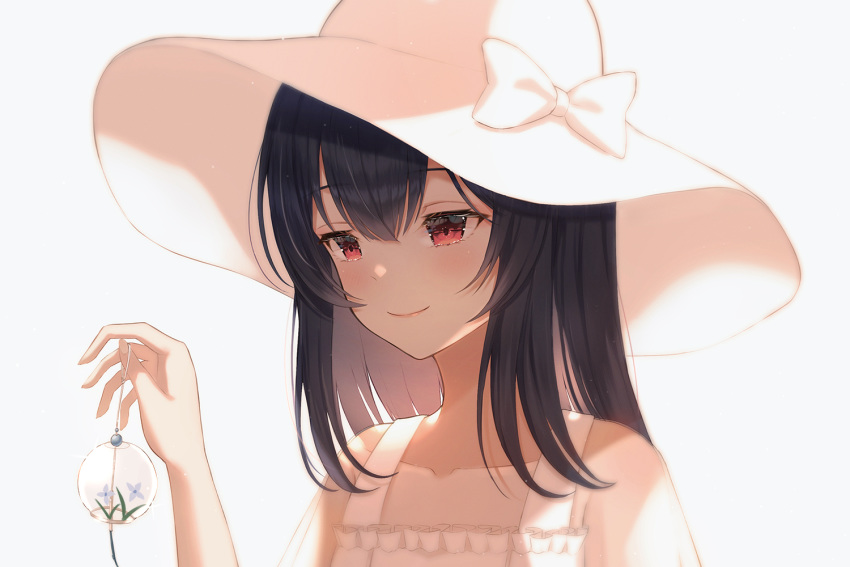 1girl bare_shoulders black_hair blush bosumonki bow closed_mouth collarbone dress frilled_dress frills hat hat_bow hat_ornament holding idolmaster idolmaster_shiny_colors long_hair morino_rinze pink_lips red_eyes simple_background sleeveless sleeveless_dress smile solo sun_hat sundress upper_body white_background white_bow white_dress white_headwear wind_chime